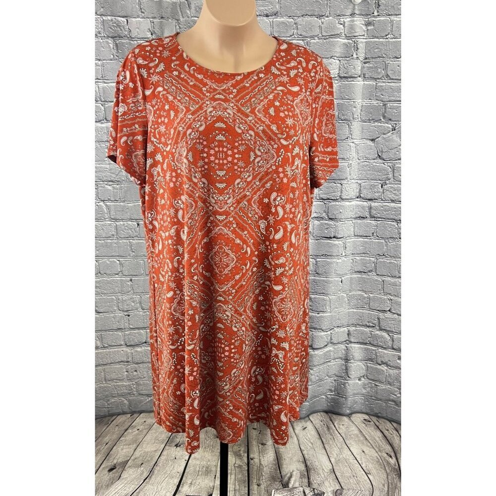 CJ Banks Burnt Orange Paisley Round-Neck Short Sleeve Shift Dress Women's 2X